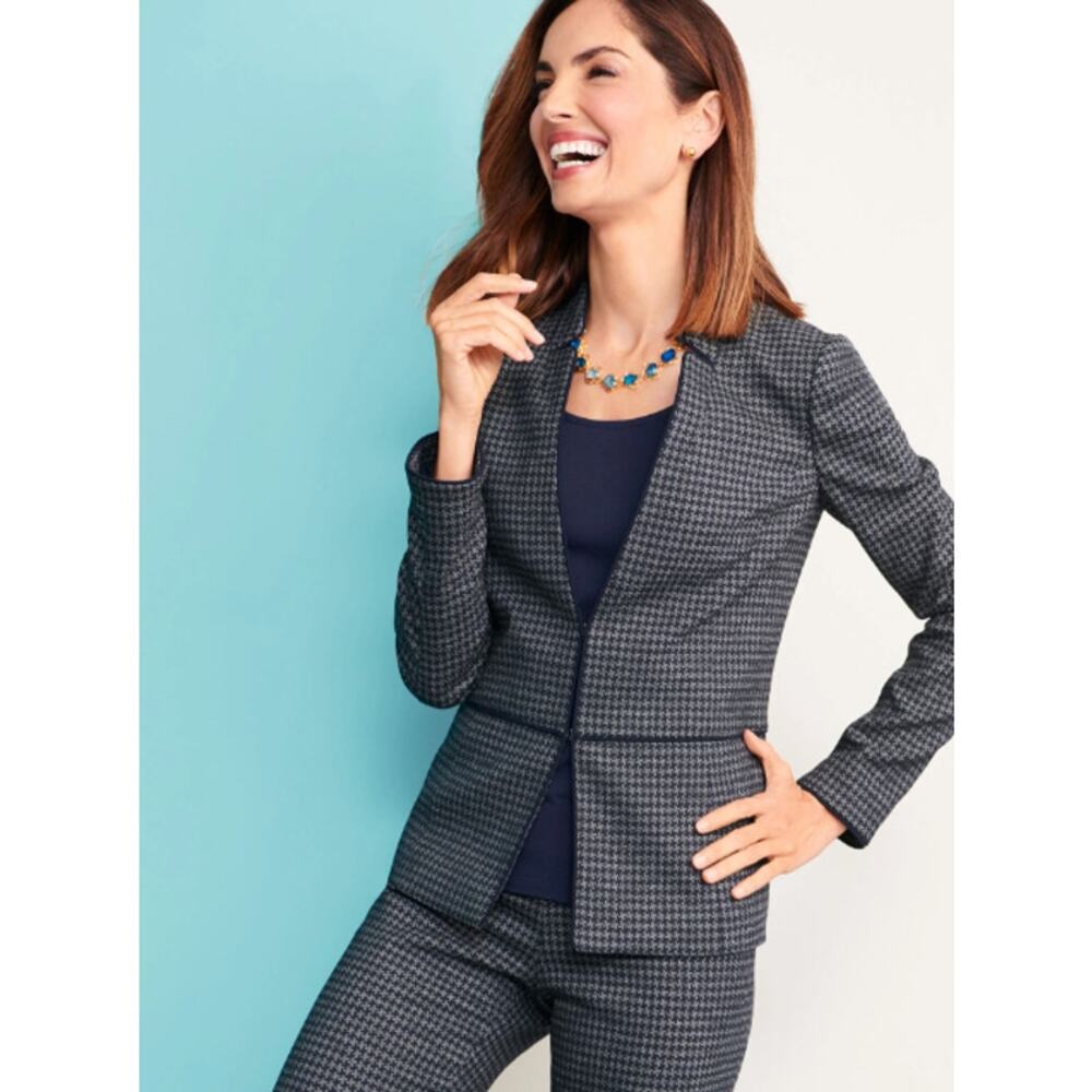 Talbots Womens Houndstooth Tweed Jacket Size 8 Blue Gray Lined Stretch Office